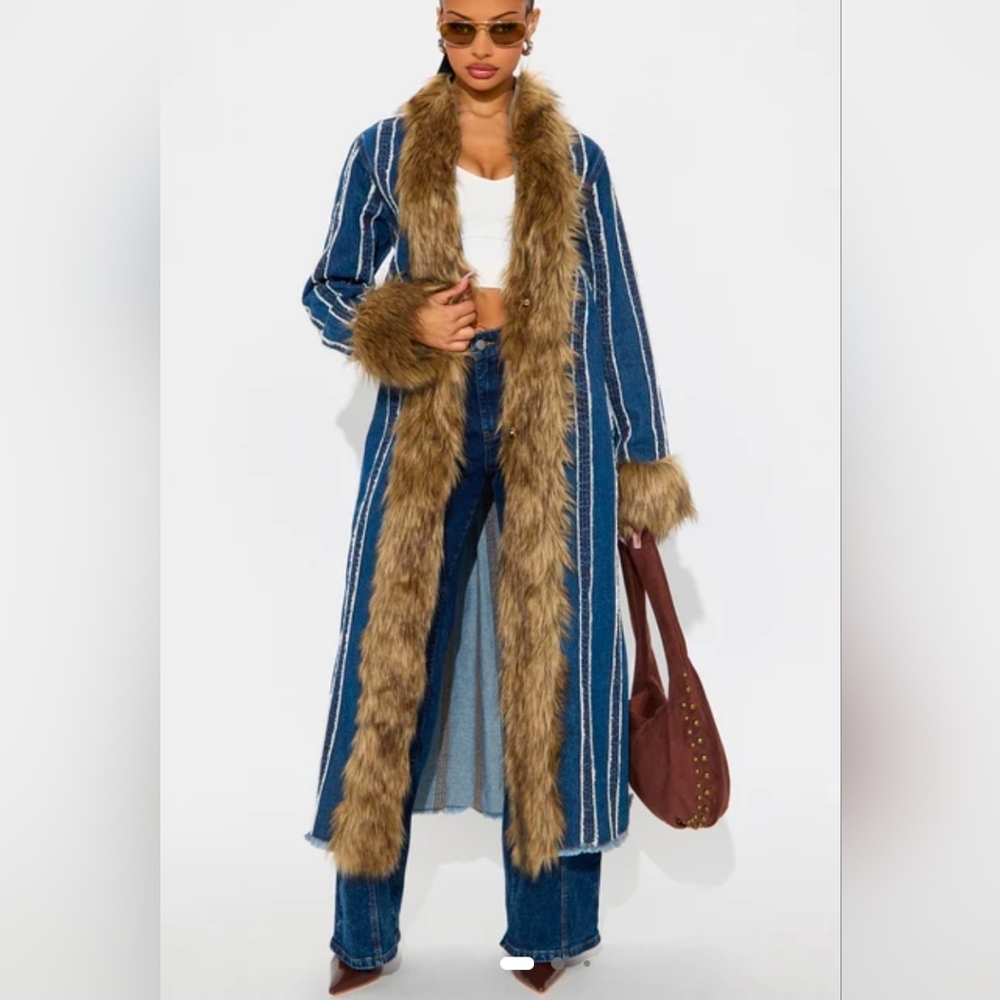 Blue Denim Coat with Faux Fur Trim Sz L